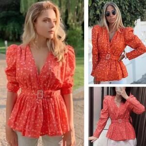 ZARA Red Floral Print Top Blouse With Belt Puff Shoulder Size XL